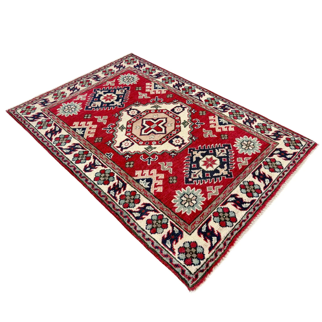 Red Afghan Kazak Rug 2' 7" x 4' 1" Hand-Knotted | No. AL49339