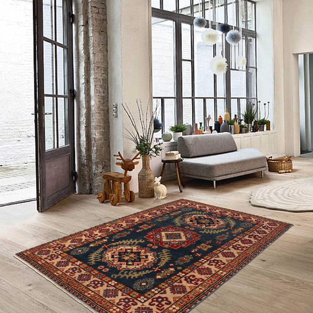 Blue Afghan Kazak Rug 3' 3" x 5' 1" Hand-Knotted | No. AL49460