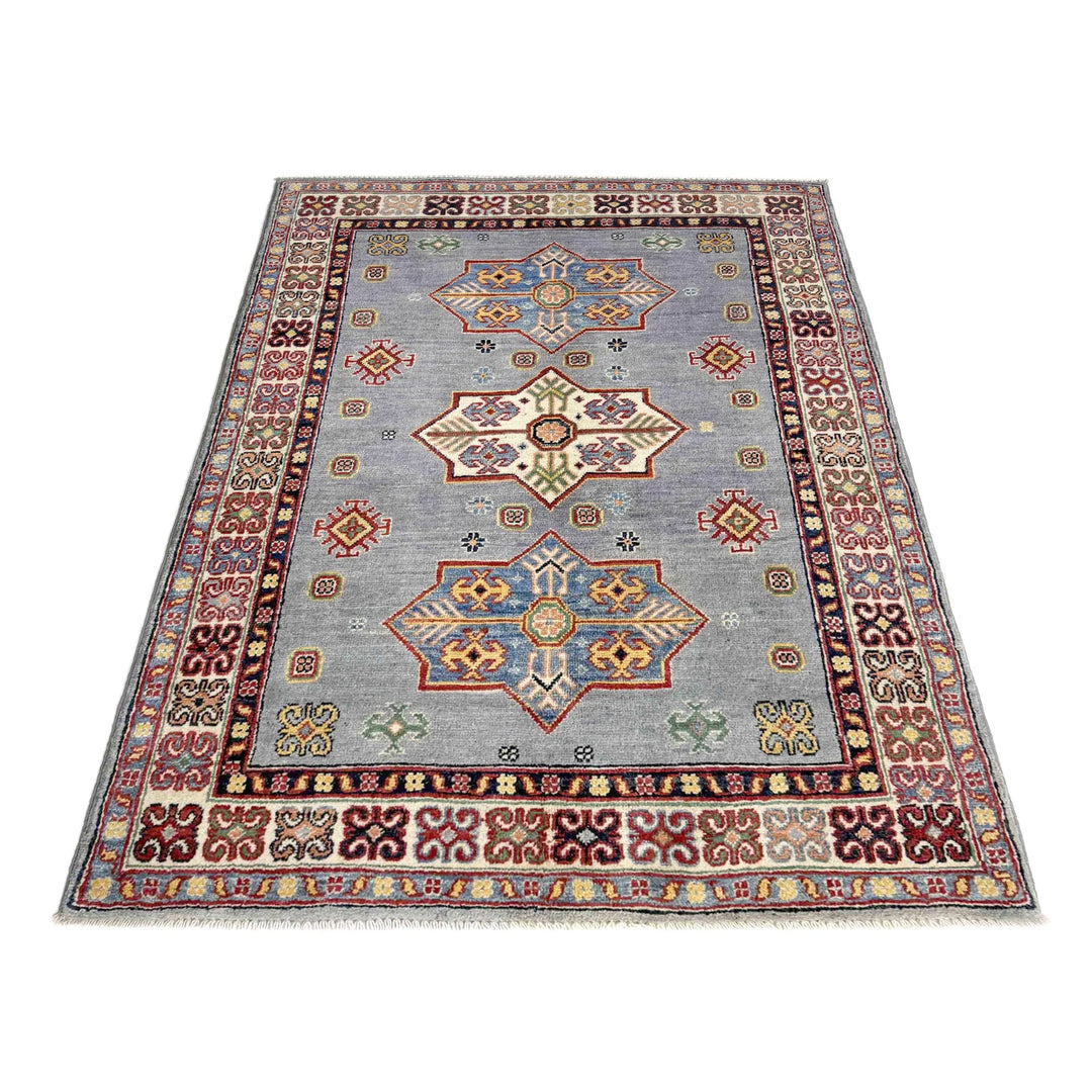 Blue Afghan Kazak Rug 3' 4" x 4' 11" Hand-Knotted | No. AL49523