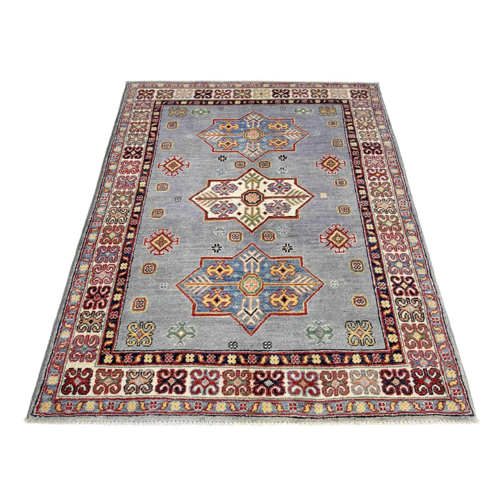 Blue Afghan Kazak Rug 3' 4" x 4' 11" Hand-Knotted | No. AL49523
