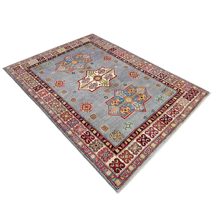 Blue Afghan Kazak Rug 3' 4" x 4' 11" Hand-Knotted | No. AL49523