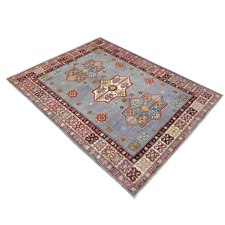 Blue Afghan Kazak Rug 3' 4" x 4' 11" Hand-Knotted | No. AL49523