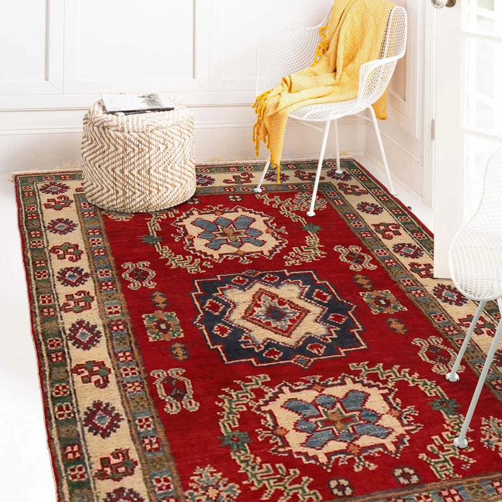 Red Afghan Kazak Rug 2' 7" x 3' 9" Hand-Knotted | No. AL49532