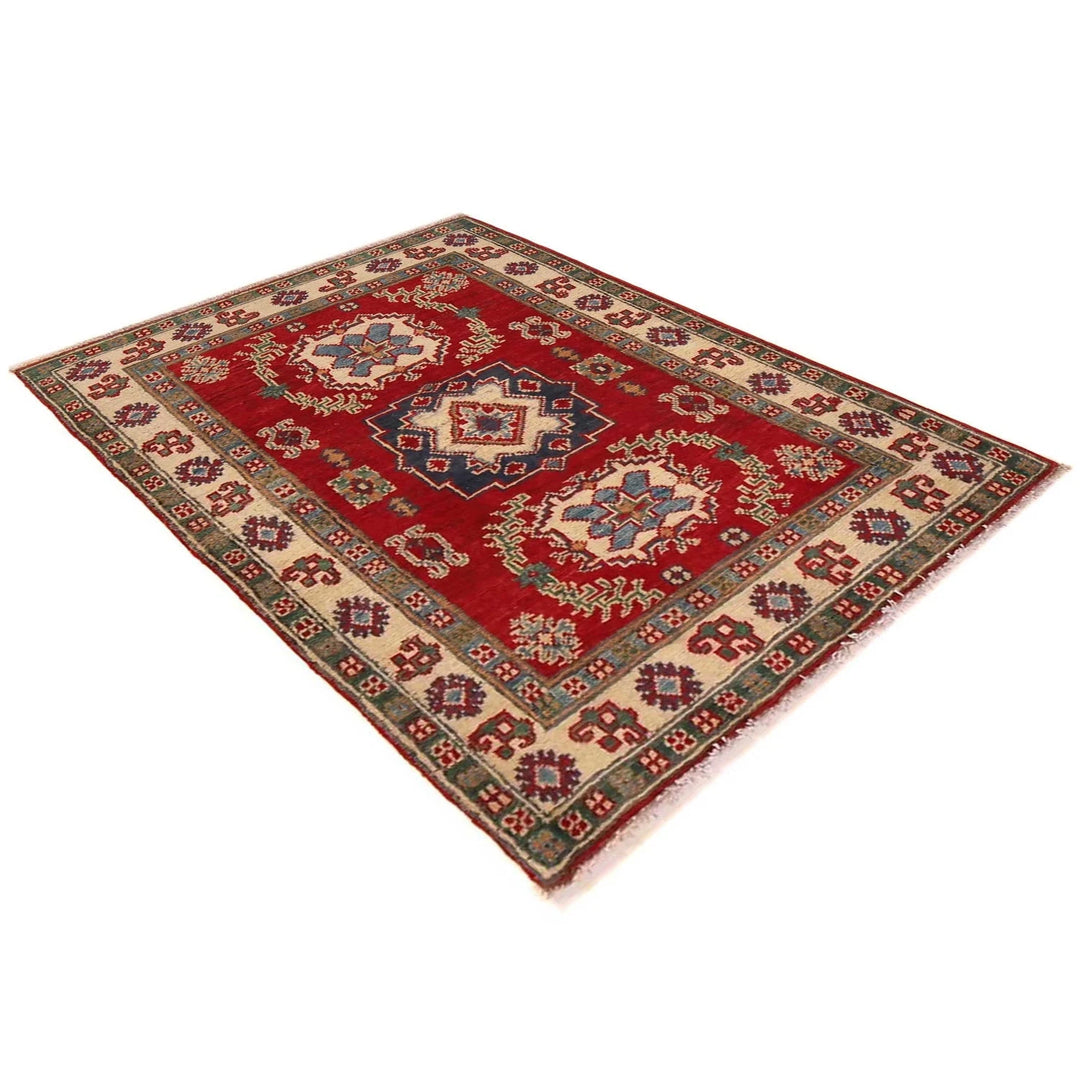 Red Afghan Kazak Rug 2' 7" x 3' 9" Hand-Knotted | No. AL49532