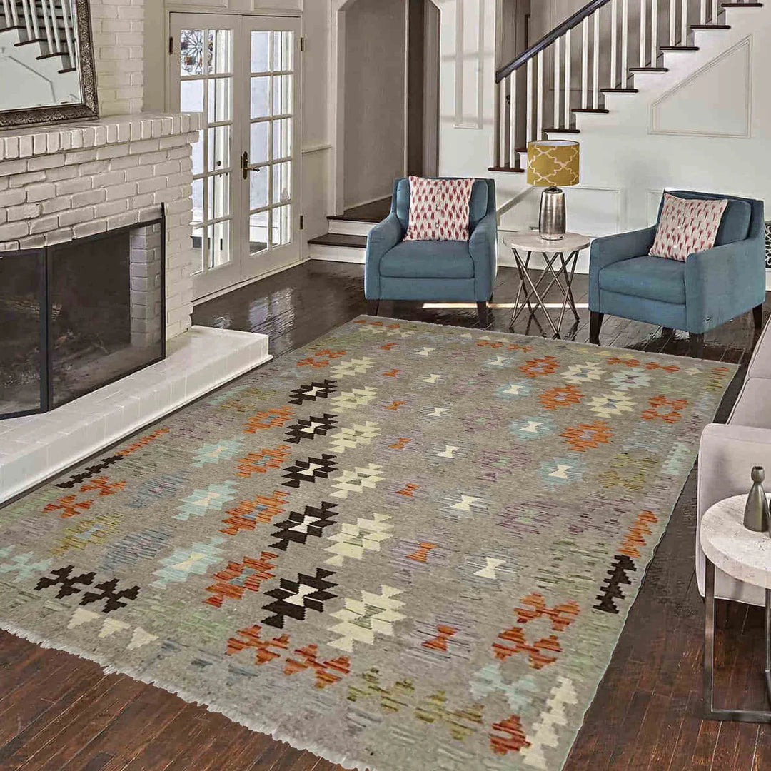 Multicolor Afghan Vegetable Kilim Rug 5' 11" x 7' 10" Flat-Weave | No. AL49574
