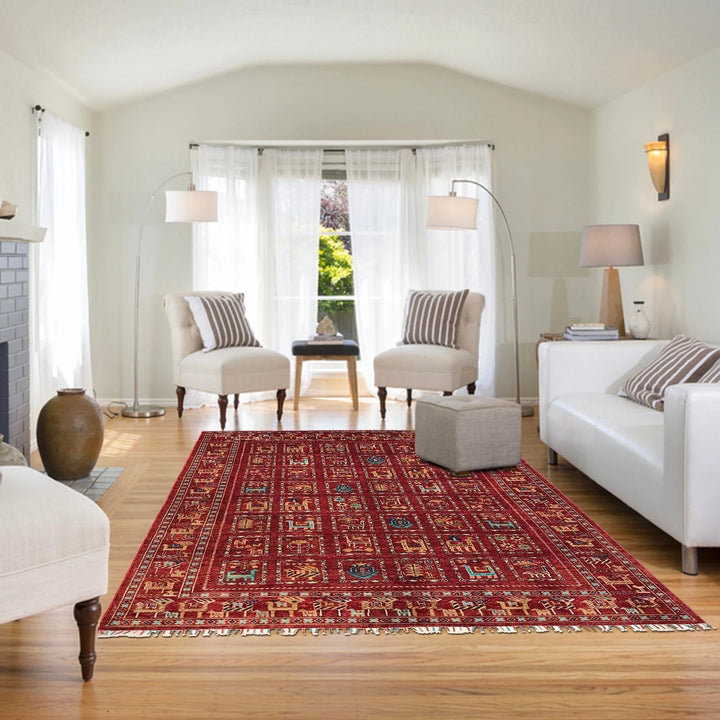 Burgundy Afghan Shikargah Rug 5' 7" x 8' 9" Hand-Knotted | No. AL49587