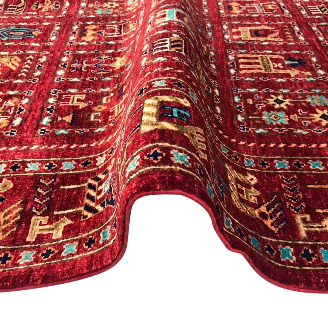 Burgundy Afghan Shikargah Rug 5' 7" x 8' 9" Hand-Knotted | No. AL49587