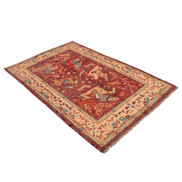 Red Afghan Pictorial Rug 3' 11" x 6' 0" Hand-Knotted | No. AL49622