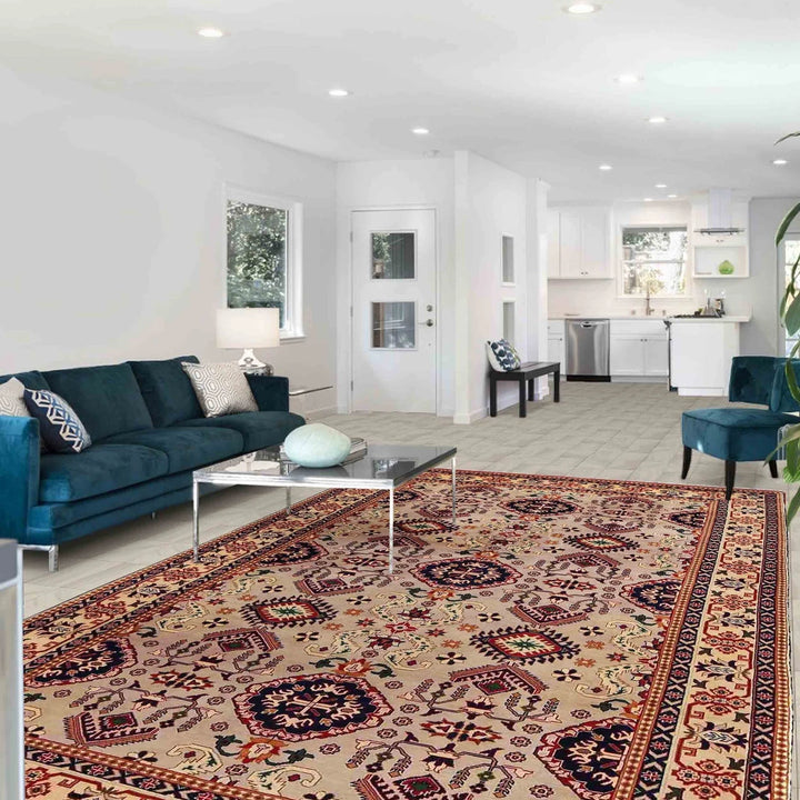 Beige Afghan Geometric Rug 6' 7" x 10' 4" Hand-Knotted | No. AL49667