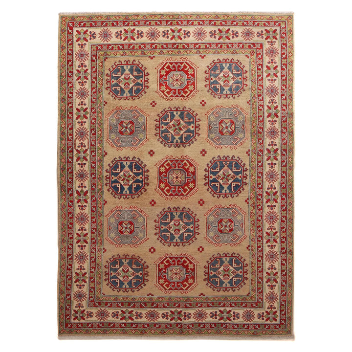 Beige Afghan Kazak Rug 6'1" x 9'5" Hand-Knotted | No. AL49703