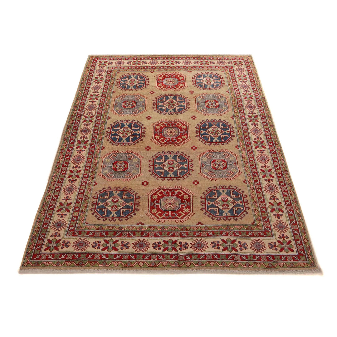 Beige Afghan Kazak Rug 6'1" x 9'5" Hand-Knotted | No. AL49703