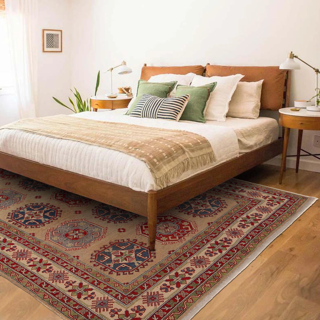 Beige Afghan Kazak Rug 6'1" x 9'5" Hand-Knotted | No. AL49703