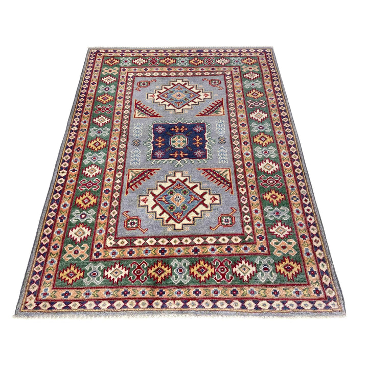 Blue Afghan Kazak Rug 3' 3" x 4' 10" Hand-Knotted | No. AL49749