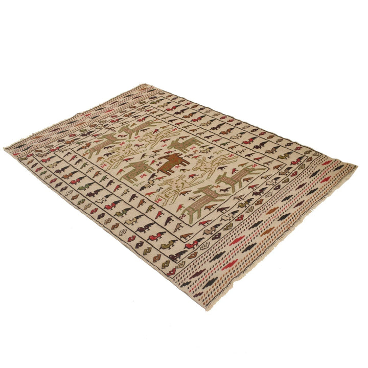 White Afghan Soumak Rug 4' 2" x 5' 11" Flat-Weave | No. AL49989
