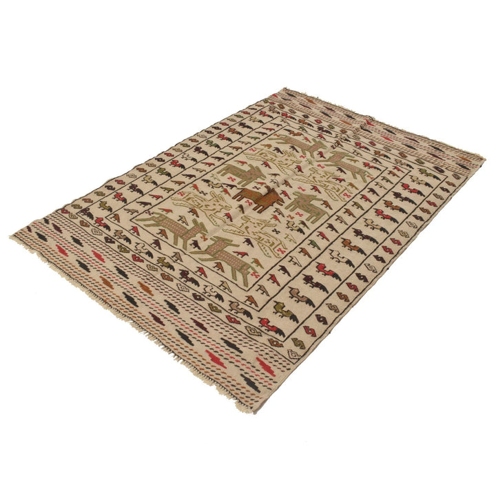 White Afghan Soumak Rug 4' 2" x 5' 11" Flat-Weave | No. AL49989