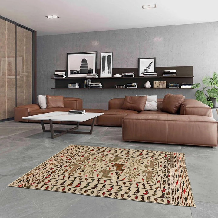 White Afghan Soumak Rug 4' 2" x 5' 11" Flat-Weave | No. AL49989