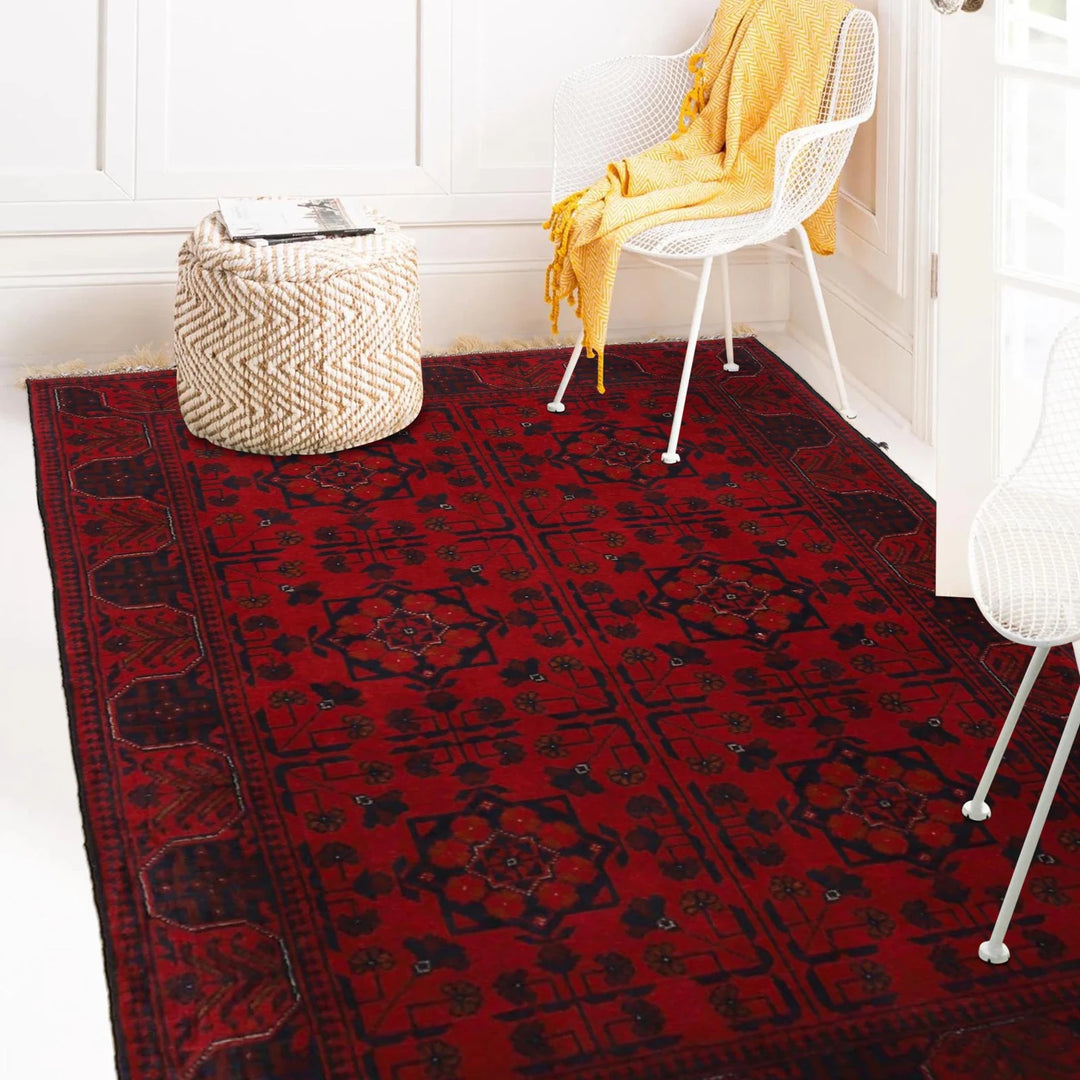 Red Afghan Khal Mohammadi Rug 3' 5" x 4' 7" Hand-Knotted | No. AL50025