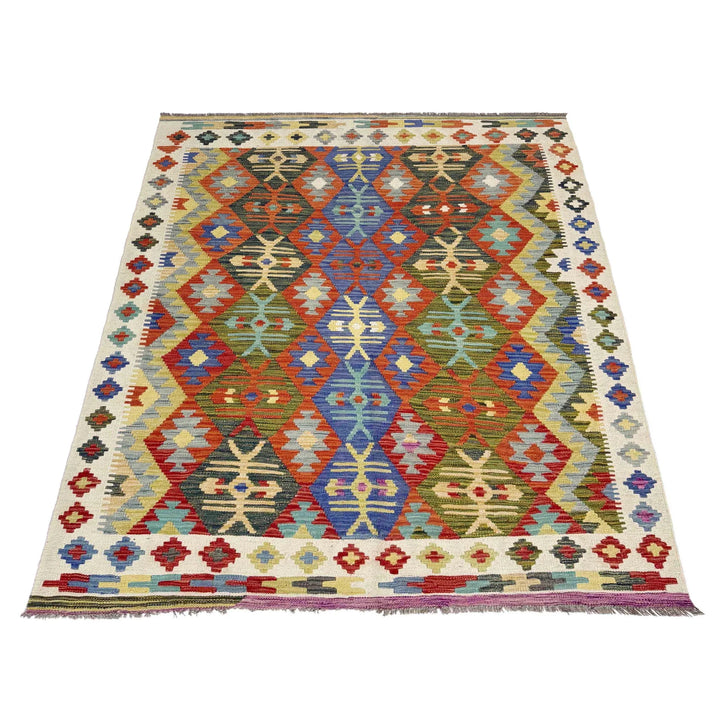 Afghan Vegetable Kilim Rug 4' 11" x 6' 7" Flat-Weave | No. AL500943
