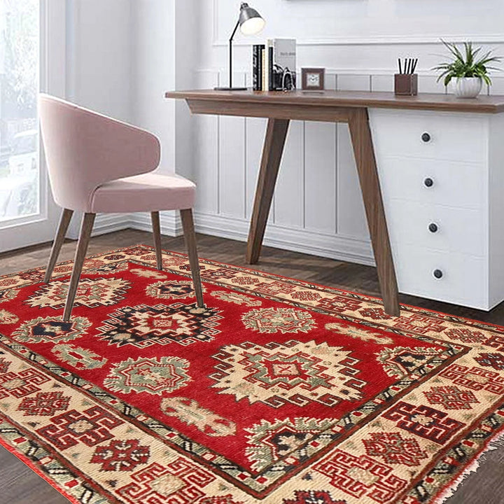 Red Afghan Kazak Rug 2' 9" x 3' 11" Hand-Knotted | No. AL50323