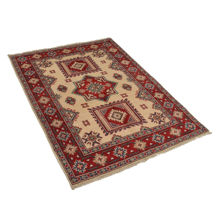 Ivory Afghan Kazak Rug 3' 6" x 4' 11" Hand-Knotted | No. AL50381