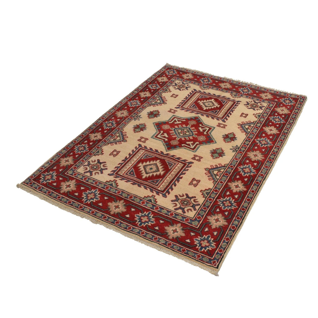 Ivory Afghan Kazak Rug 3' 6" x 4' 11" Hand-Knotted | No. AL50381