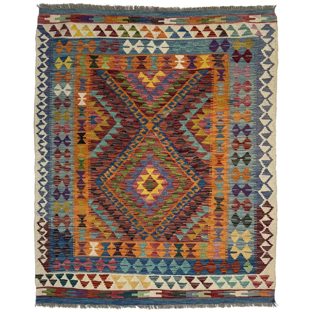 Multicolor Afghan Kilim Rug 4' 3" x 5' 5" Flat-Weave | No. AL504668