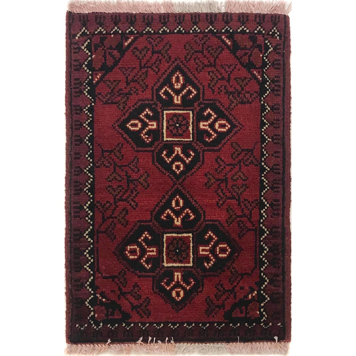 Red Afghan Oriental Doormat 1' 4" x 2' 0" Hand-Knotted | No. AL50476