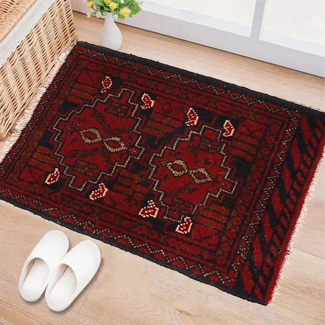 Red Afghan Oriental Doormat 1' 3" x 1' 8" Hand-Knotted | No. AL50484