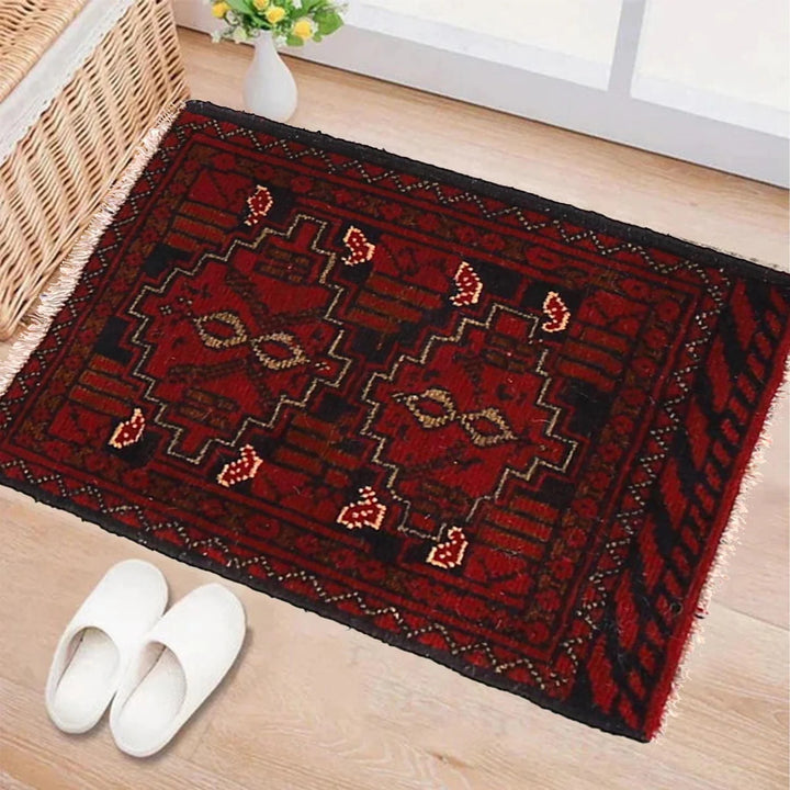 Red Afghan Oriental Doormat 1' 3" x 1' 8" Hand-Knotted | No. AL50484