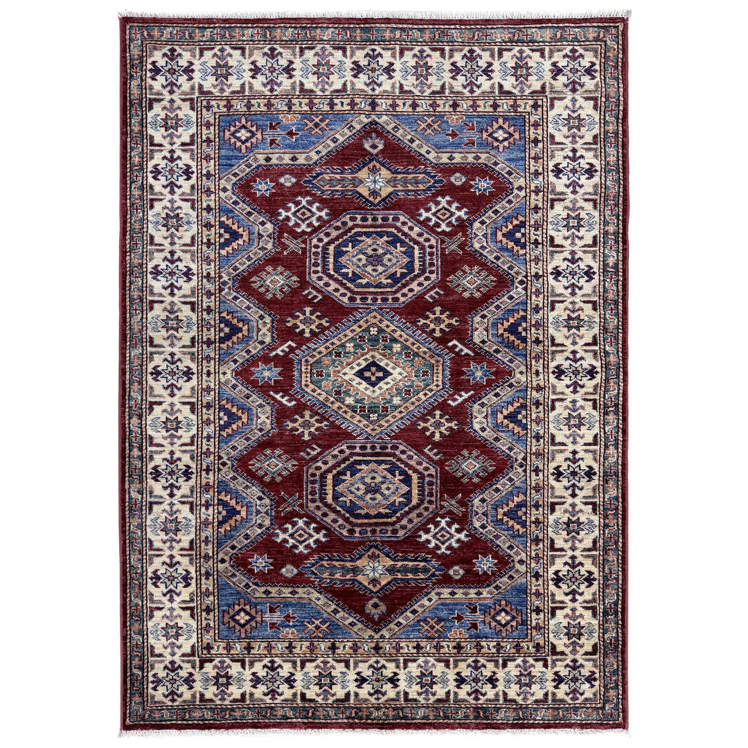 Red Afghan Kazak Rug 4' 0" x 5' 11" Hand-Knotted | No. AL50650