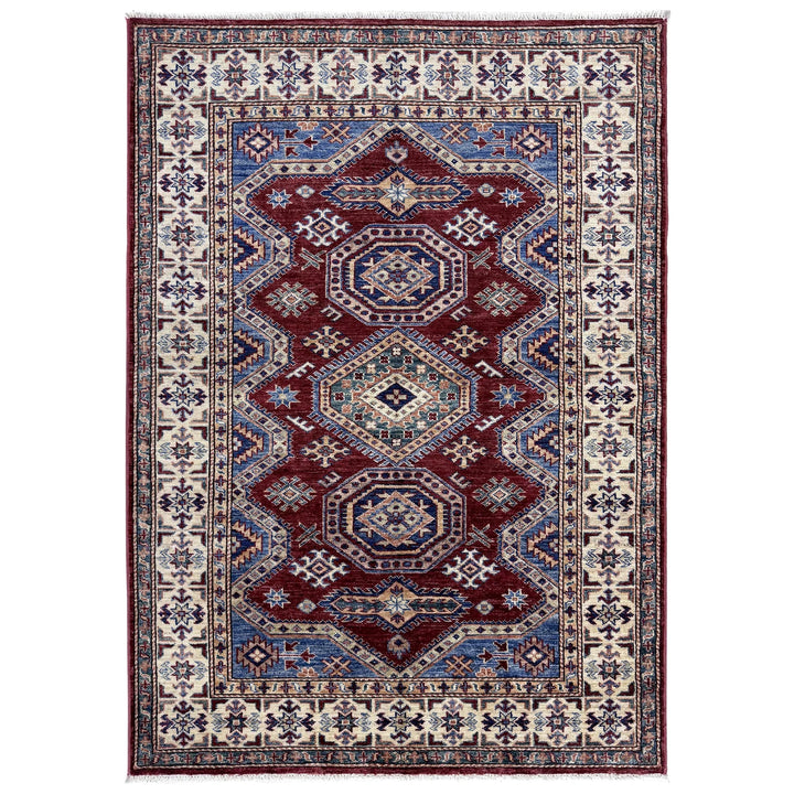 Red Afghan Kazak Rug 4' 0" x 5' 11" Hand-Knotted | No. AL50650