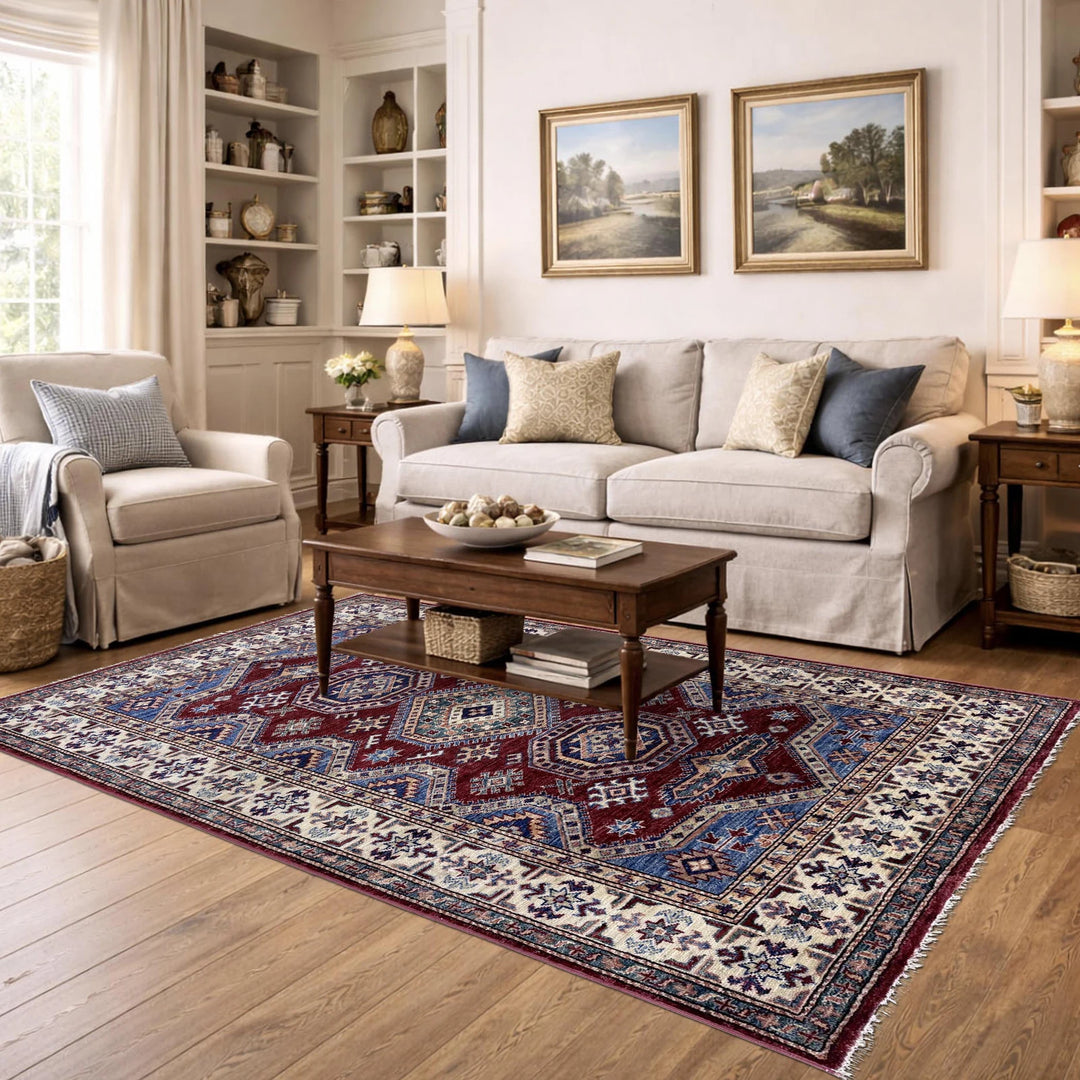 Red Afghan Kazak Rug 4' 0" x 5' 11" Hand-Knotted | No. AL50650