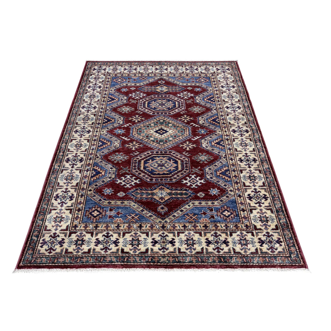 Red Afghan Kazak Rug 4' 0" x 5' 11" Hand-Knotted | No. AL50650