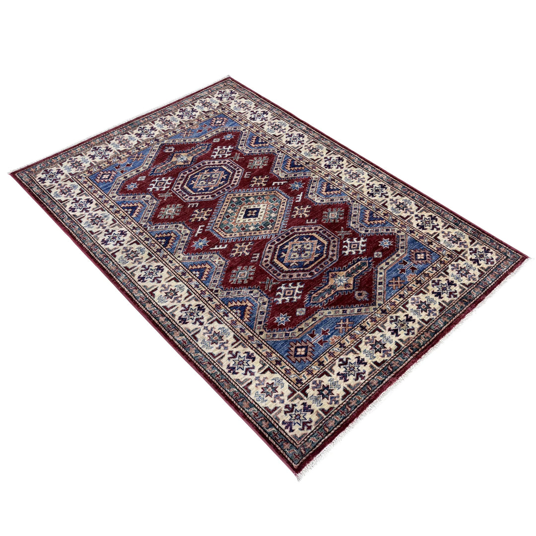 Red Afghan Kazak Rug 4' 0" x 5' 11" Hand-Knotted | No. AL50650