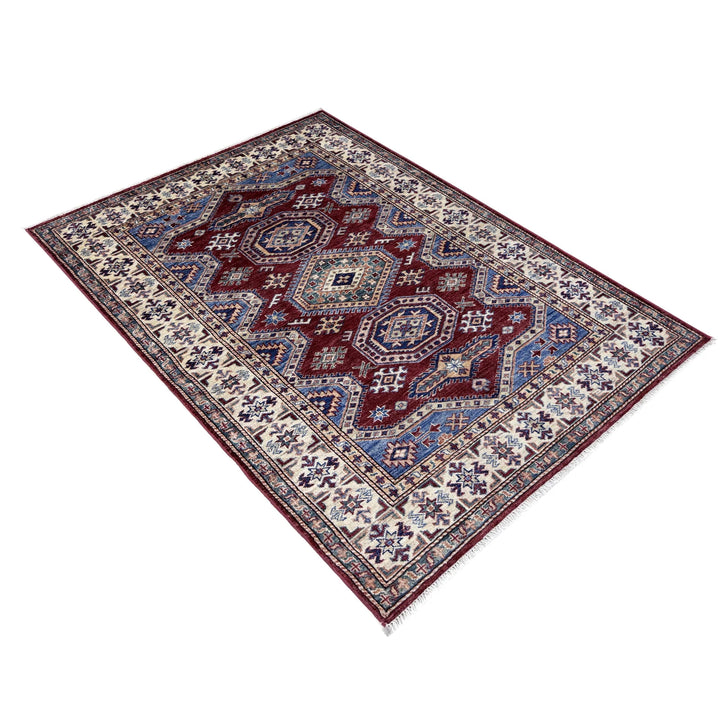 Red Afghan Kazak Rug 4' 0" x 5' 11" Hand-Knotted | No. AL50650