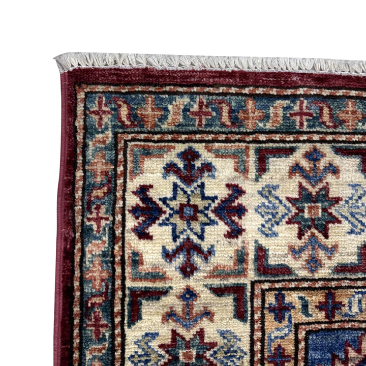 Red Afghan Kazak Rug 4' 0" x 5' 11" Hand-Knotted | No. AL50650