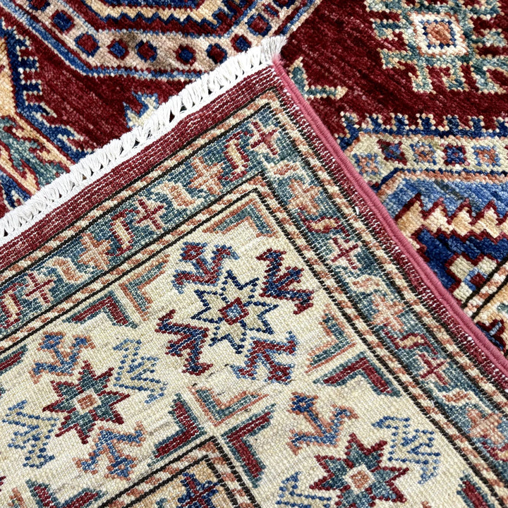 Red Afghan Kazak Rug 4' 0" x 5' 11" Hand-Knotted | No. AL50650