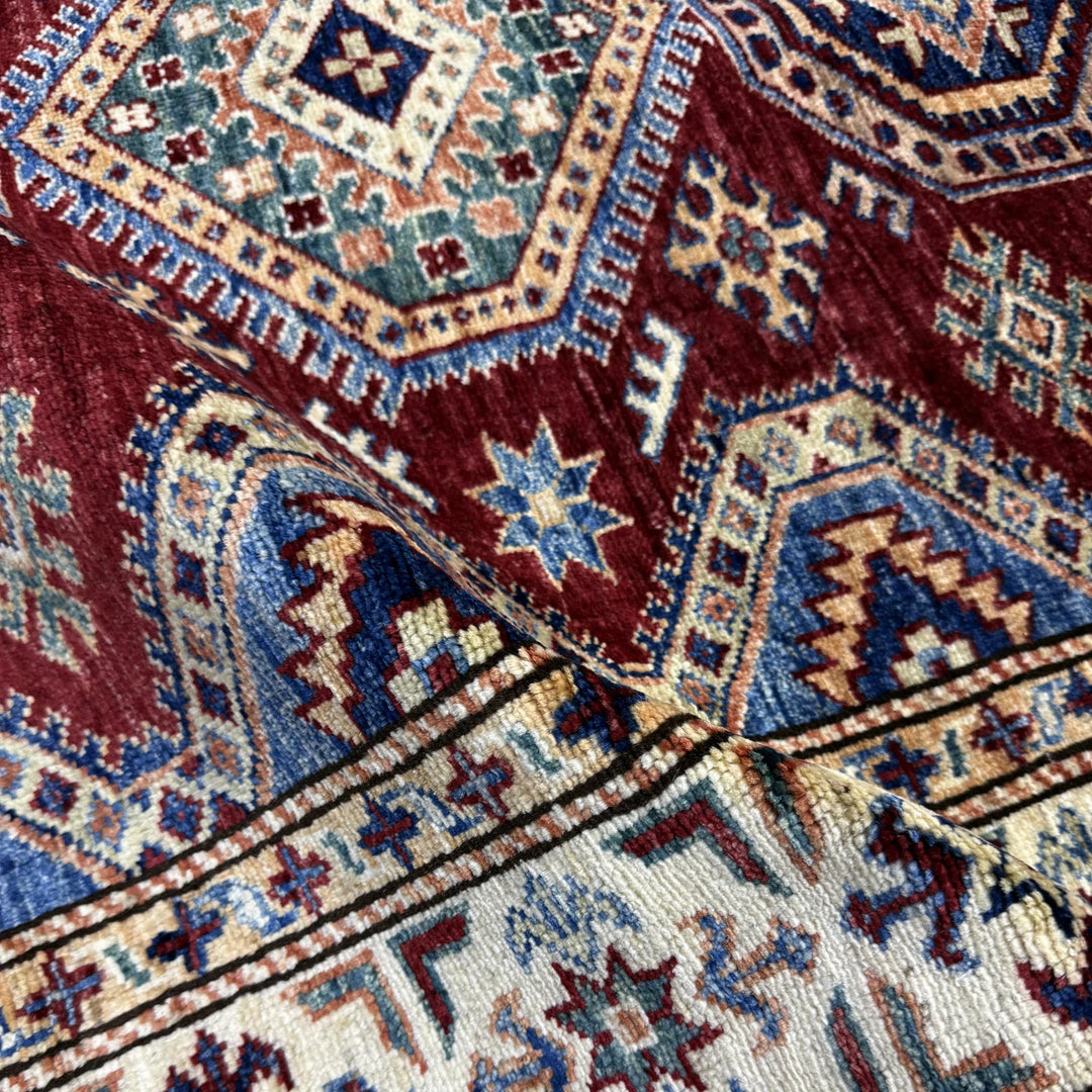 Red Afghan Kazak Rug 4' 0" x 5' 11" Hand-Knotted | No. AL50650