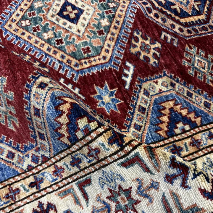 Red Afghan Kazak Rug 4' 0" x 5' 11" Hand-Knotted | No. AL50650