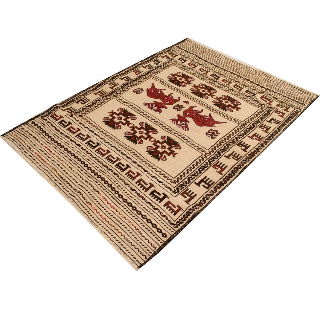 Beige Afghan Soumak Kilim Rug 4' 3" x 5' 7" Flat-Weave | No. AL50752