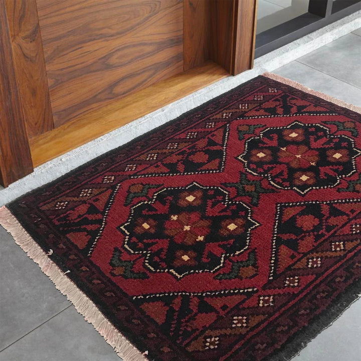 Red Afghan Oriental Doormat 1' 6" x 2' 0" Hand-Knotted | No. AL50829