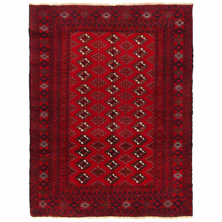 Red Afghan Baluchi Rug 4' 1" x 5' 3" Hand-Knotted | No. AL51051