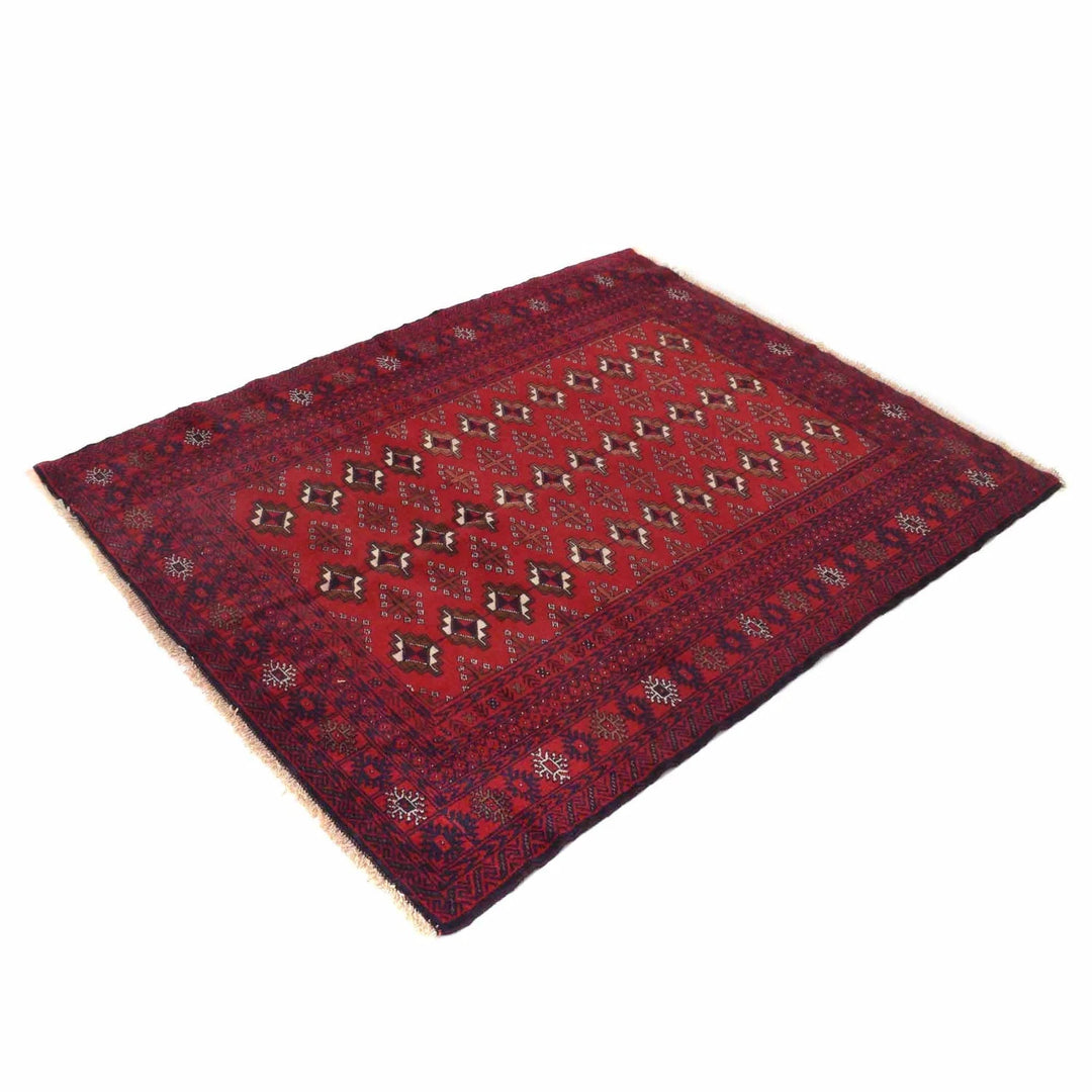 Red Afghan Baluchi Rug 4' 1" x 5' 3" Hand-Knotted | No. AL51051