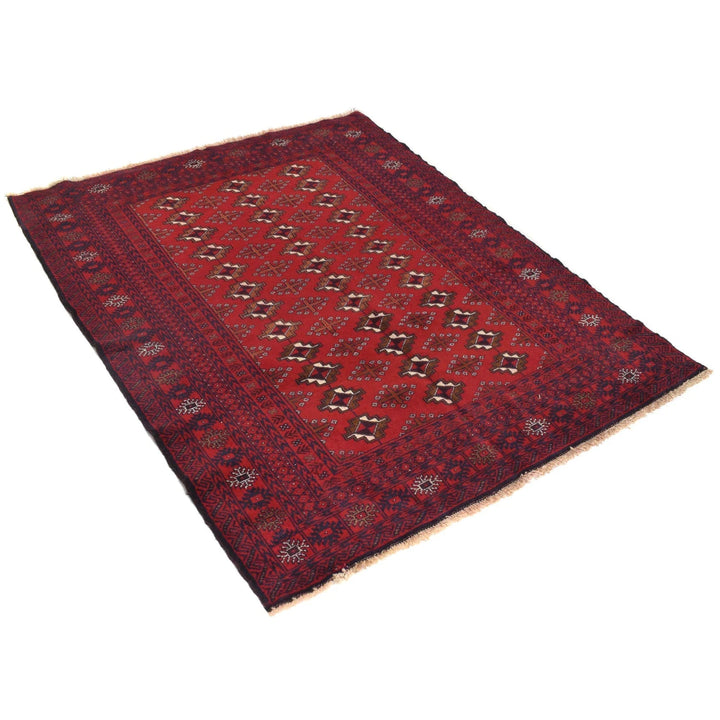 Red Afghan Baluchi Rug 4' 1" x 5' 3" Hand-Knotted | No. AL51051