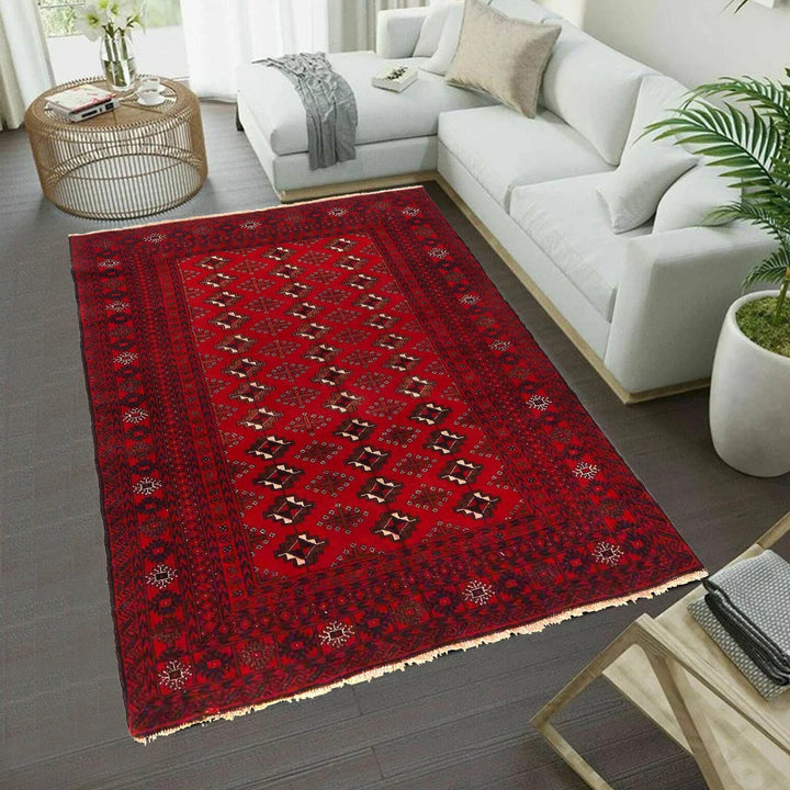 Red Afghan Baluchi Rug 4' 1" x 5' 3" Hand-Knotted | No. AL51051