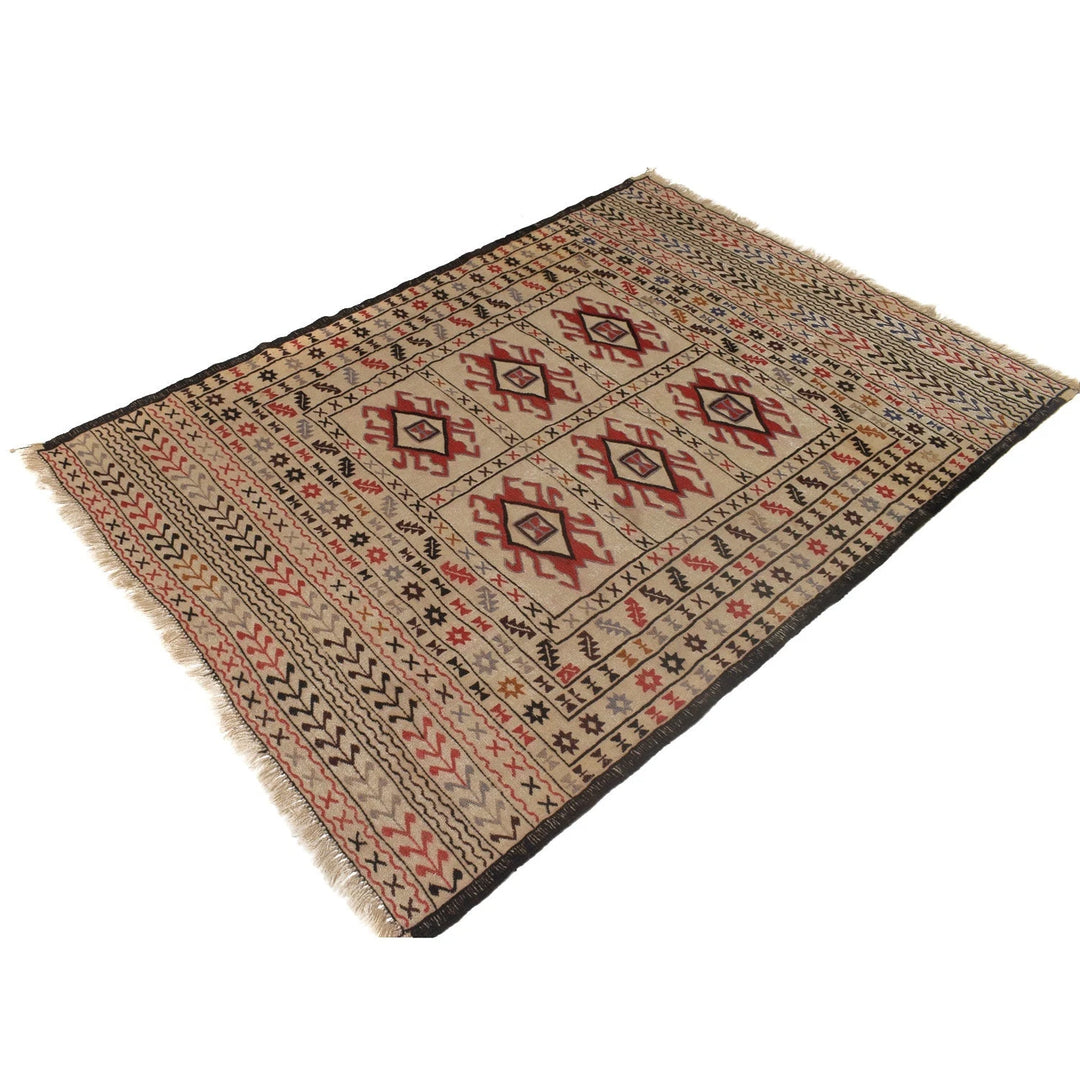 White Afghan Soumak Rug 4' 2" x 6' 4" Flat-Weave | No. AL51188