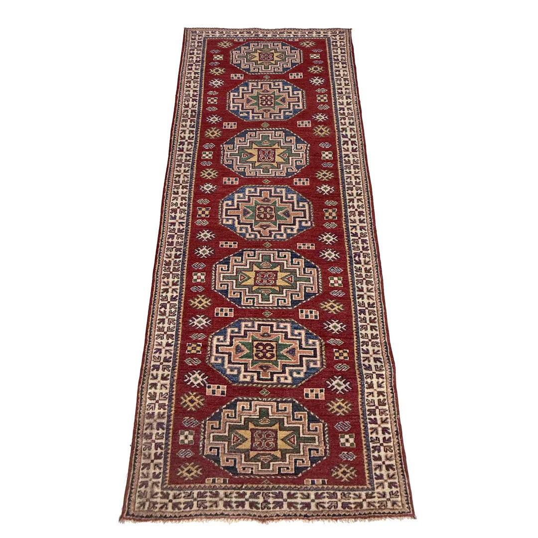 Red Afghan Kazak Rug 2' 8" x 8' 4" Hand-Knotted | No. AL51192