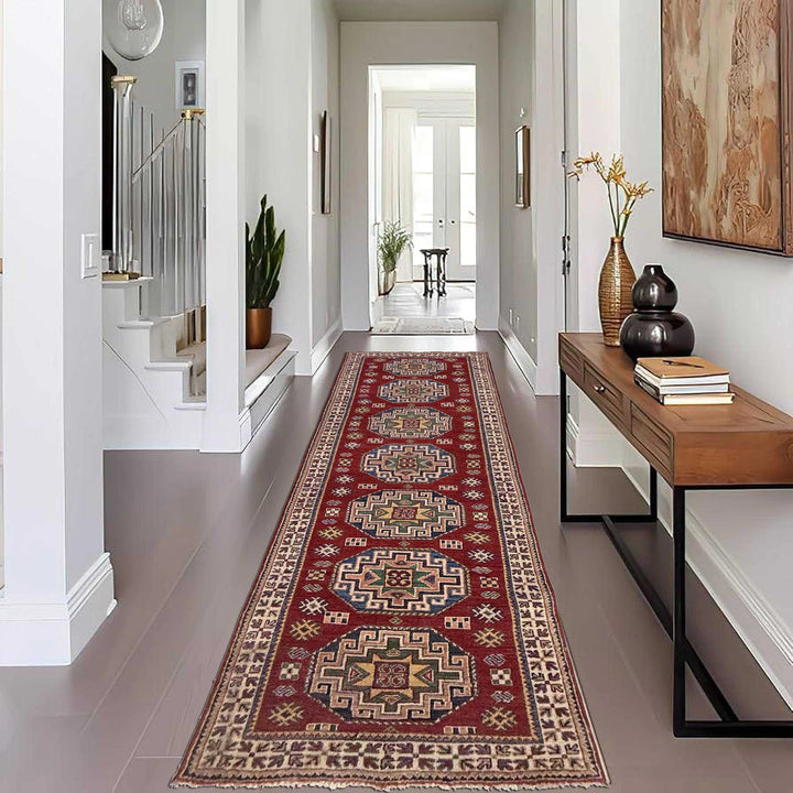 Red Afghan Kazak Rug 2' 8" x 8' 4" Hand-Knotted | No. AL51192