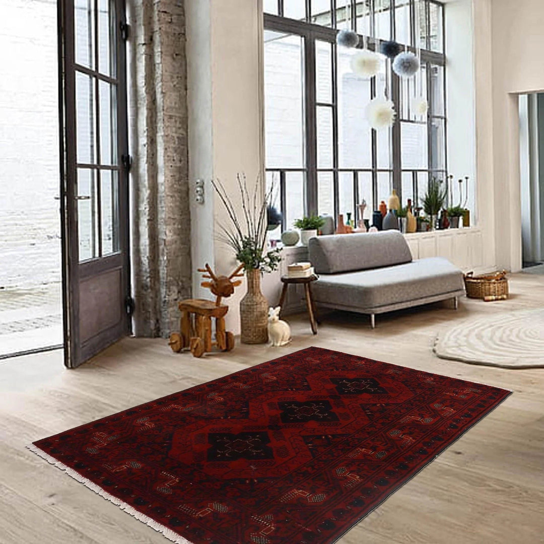 Red Afghan Khal Mohammadi Rug 3' 4" x 4' 10" Hand-Knotted | No. AL51242
