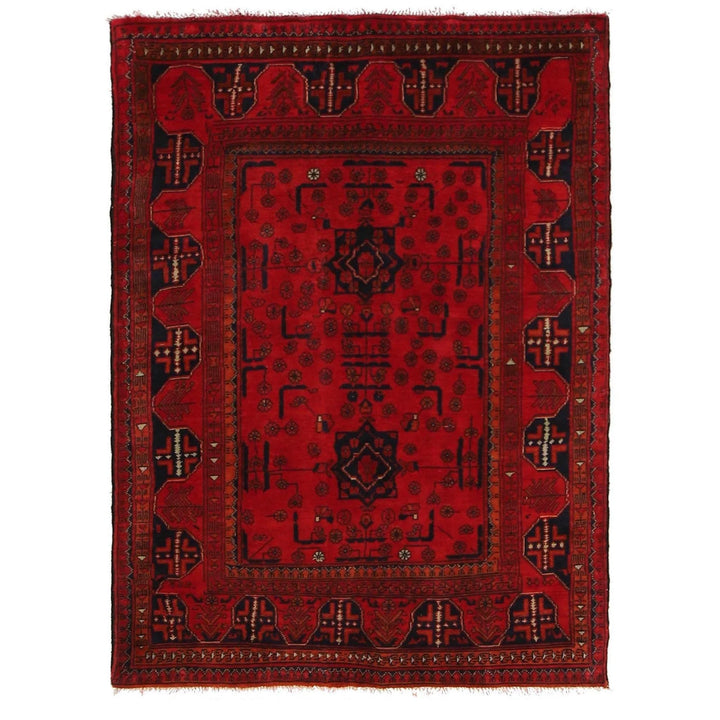 Red Afghan Khal Mohammadi Rug 3' 4" x 4' 8" Hand-Knotted | No. AL51353